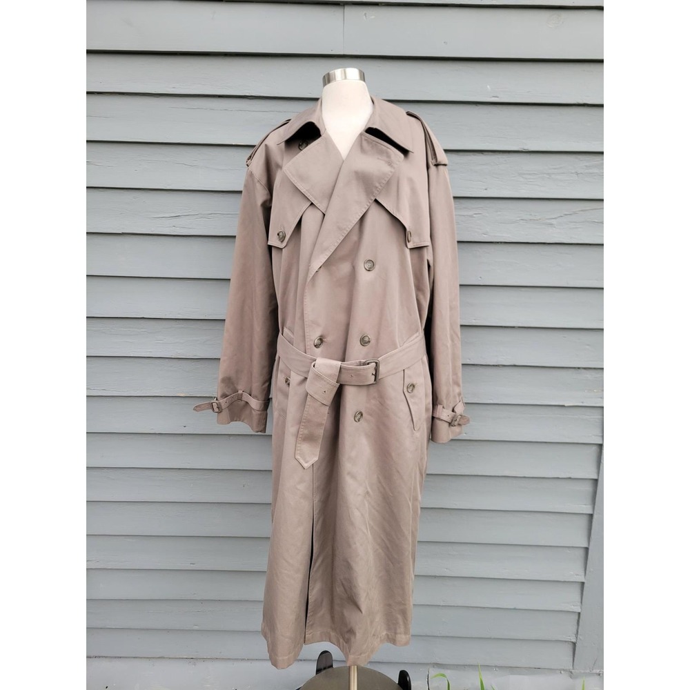 Vintage Towne by London Fog Trench Coat Tan Double Breasted Belted Long 42 Long